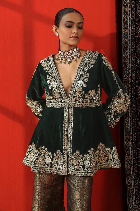 Buy Sabe Green Velvet, Brocade Embroidery, Zari, Gota Floral Peplum Kurta And Sharara Set Online at Aza Fashions Buy_Sabe_Green Velvet, Brocade Embroidery, Zari, Gota Floral Peplum Kurta And Sharara Set _Online_at_Aza_Fashions