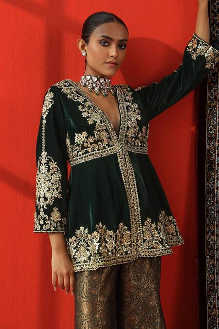 Shop Sabe Green Velvet, Brocade Embroidery, Zari, Gota Floral Peplum Kurta And Sharara Set Online at Aza Fashions Shop_Sabe_Green Velvet, Brocade Embroidery, Zari, Gota Floral Peplum Kurta And Sharara Set _Online_at_Aza_Fashions