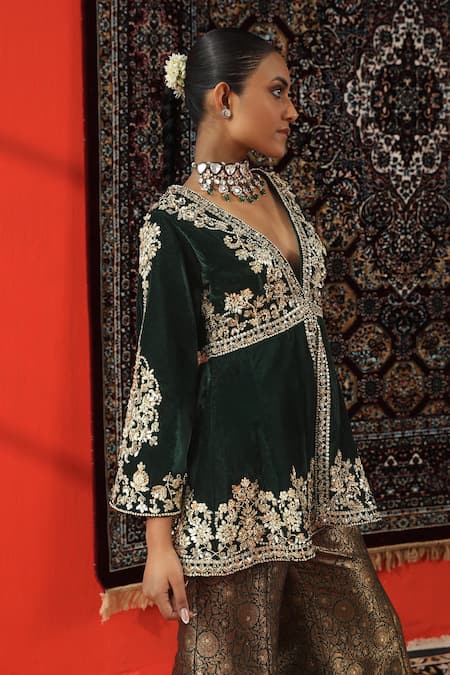 Sabe Green Velvet, Brocade Embroidery, Zari, Gota Floral Peplum Kurta And Sharara Set at Aza Fashions Sabe_Green Velvet, Brocade Embroidery, Zari, Gota Floral Peplum Kurta And Sharara Set _at_Aza_Fashions