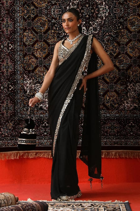 Sabe_Black Georgette Mirrors Plunge Neck Embroidered Saree Set _Online_at_Aza_Fashions