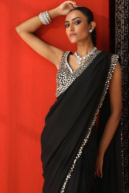 Buy_Sabe_Black Georgette Mirrors Plunge Neck Embroidered Saree Set _Online_at_Aza_Fashions