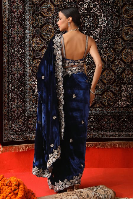 Sabe Floral Embroidered Blue Velvet Saree Set 
