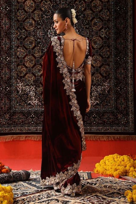 Sabe Floral Zardozi Embroidered Velvet Saree Set 