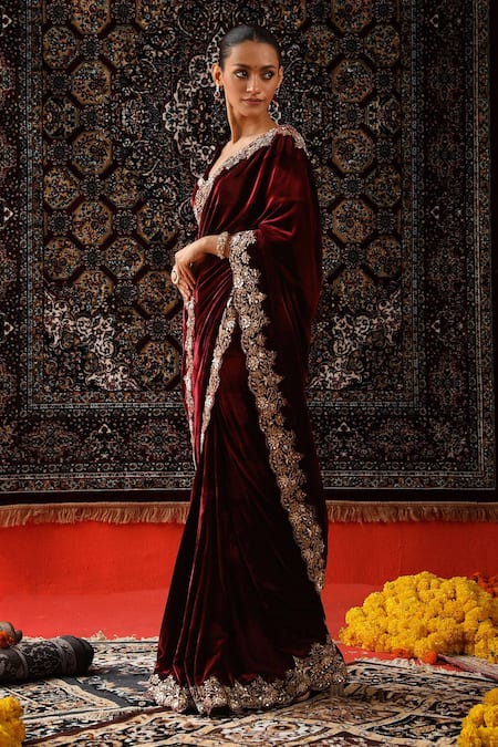 Sabe_Maroon Velvet Zari, Embroidery Plunge Neck Floral Zardozi Saree Set _Online_at_Aza_Fashions