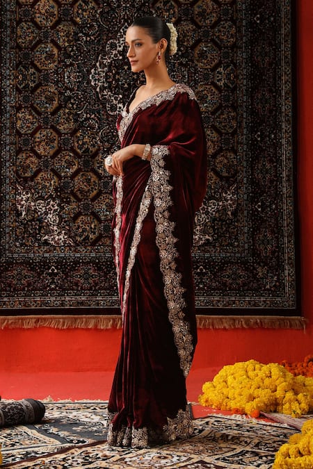 Buy_Sabe_Maroon Velvet Zari, Embroidery Plunge Neck Floral Zardozi Saree Set _Online_at_Aza_Fashions