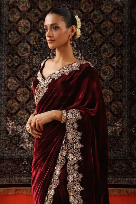 Sabe_Maroon Velvet Zari, Embroidery Plunge Neck Floral Zardozi Saree Set _at_Aza_Fashions