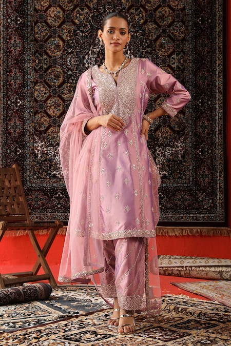 Sabe_Purple Silk, Organza Embroidery, Zari, Gota Patti Floral Kurta Salwar Set _Online_at_Aza_Fashions