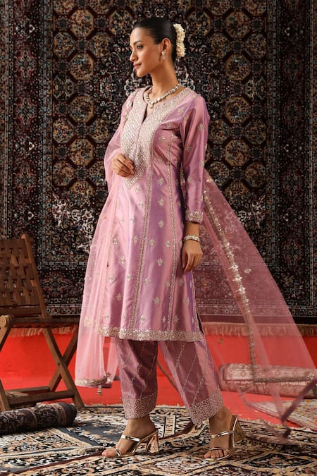 Buy_Sabe_Purple Silk, Organza Embroidery, Zari, Gota Patti Floral Kurta Salwar Set _Online_at_Aza_Fashions
