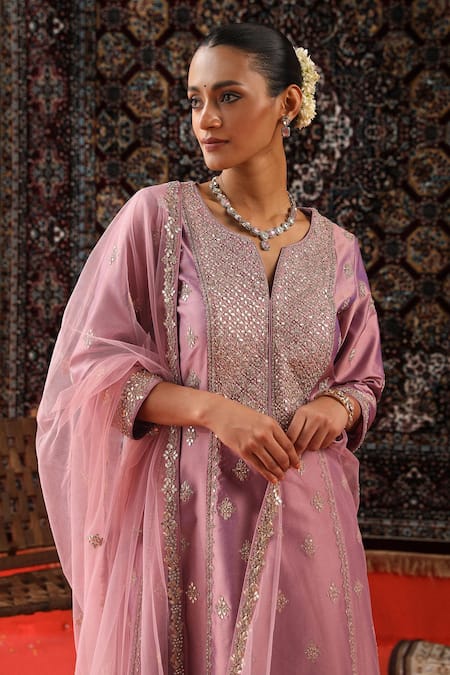 Shop_Sabe_Purple Silk, Organza Embroidery, Zari, Gota Patti Floral Kurta Salwar Set _Online_at_Aza_Fashions