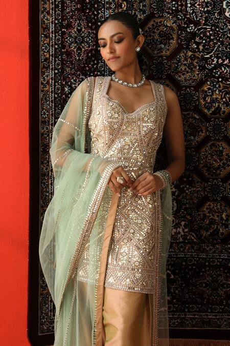 Sabe_Brown Silk, Net Mirrors, Gota Patti Floral Embroidered Kurta Set With Dupatta _Online_at_Aza_Fashions