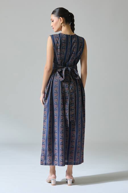 Shop_Samyukta Singhania_Blue Cotton Round Neck Wildbloom Handblock Print Jumpsuit_at_Aza_Fashions