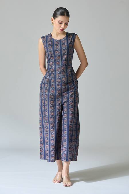 Shop_Samyukta Singhania_Blue Cotton Round Neck Wildbloom Handblock Print Jumpsuit_Online_at_Aza_Fashions