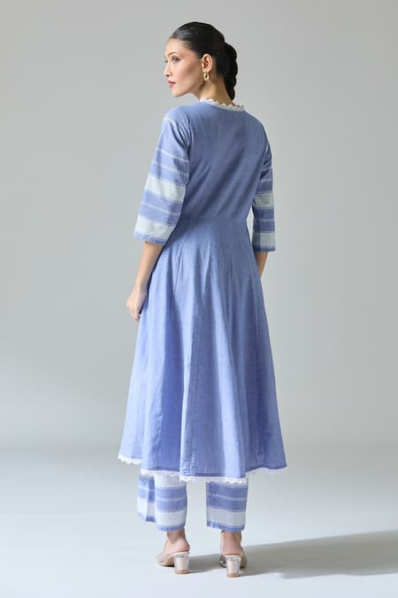 Shop_Naintara Bajaj_Blue Cotton Lace V-neck Embellished Anarkali Set _at_Aza_Fashions