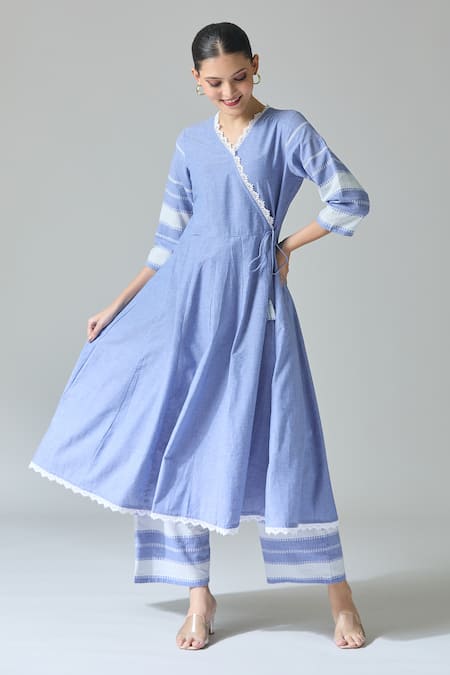 Shop_Naintara Bajaj_Blue Cotton Lace V-neck Embellished Anarkali Set _Online_at_Aza_Fashions