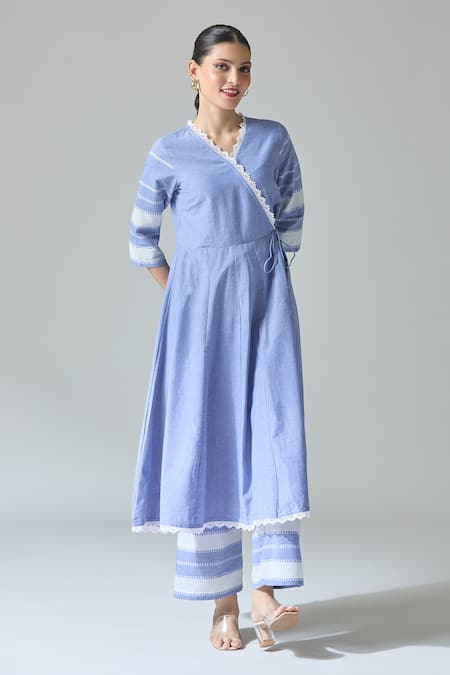 Naintara Bajaj_Blue Cotton Lace V-neck Embellished Anarkali Set _at_Aza_Fashions