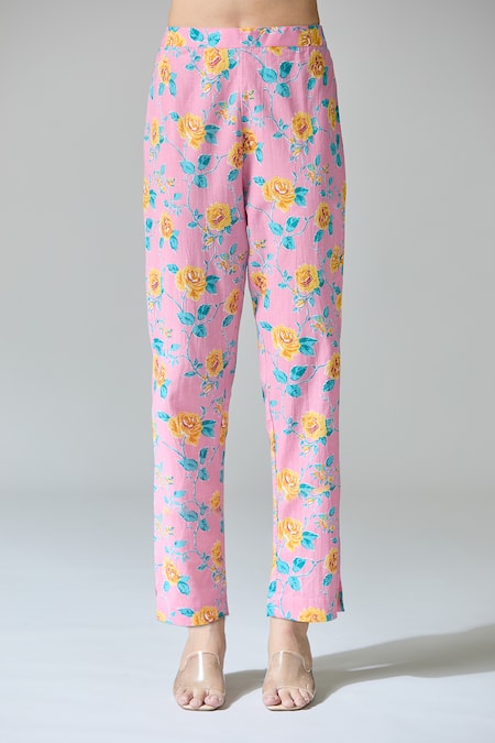 Samyukta Singhania Peach Cotton, Kota Doria Embroidery V-neck Bloom Print Kurta Set Online at Aza Fashions Samyukta Singhania_Peach Cotton, Kota Doria Embroidery V-neck Bloom Print Kurta Set _Online_at_Aza_Fashions