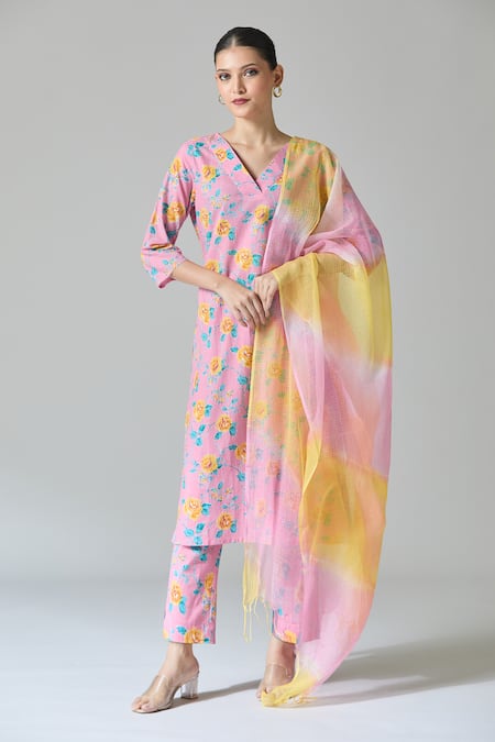 Shop Samyukta Singhania Peach Cotton, Kota Doria Embroidery V-neck Bloom Print Kurta Set Online at Aza Fashions Shop_Samyukta Singhania_Peach Cotton, Kota Doria Embroidery V-neck Bloom Print Kurta Set _Online_at_Aza_Fashions