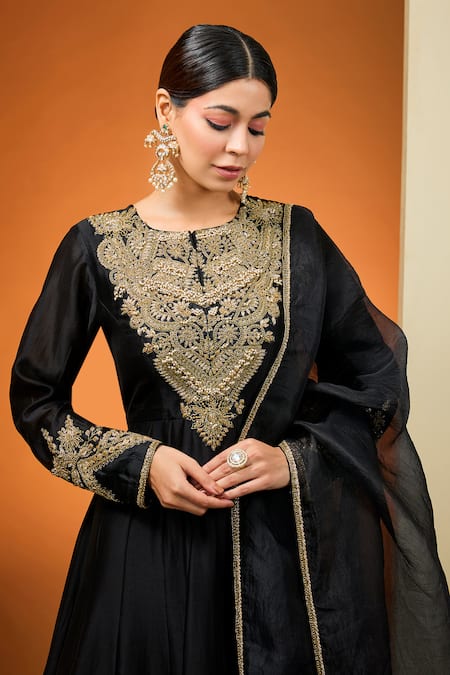 Neha Khullar_Black Silk Organza, Silk, Crepe Pearls, Embroidered Anarkali Set With Dupatta _Online_at_Aza_Fashions