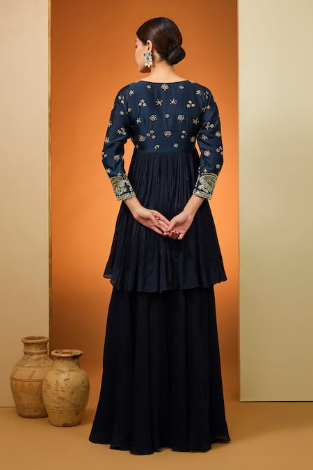 Shop Neha Khullar Blue Silk Organza, Viscose Pearls, Embroidered Short Anarkali Sharara Set at Aza Fashions Shop_Neha Khullar_Blue Silk Organza, Viscose Pearls, Embroidered Short Anarkali Sharara Set _at_Aza_Fashions