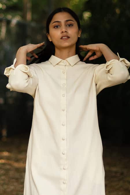 RAAS LIFE_Cream Wool Collared Midi Shirt Dress _Online_at_Aza_Fashions