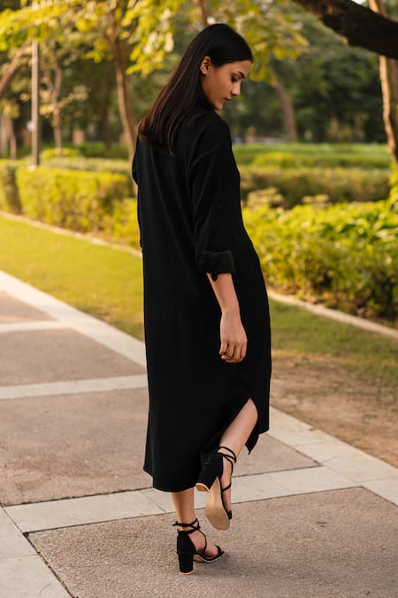 RAAS LIFE Black Merino Wool Midi Shirt Dress 