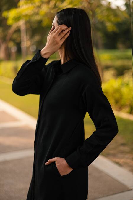 RAAS LIFE_Black Wool Collared Merino Midi Shirt Dress _Online_at_Aza_Fashions