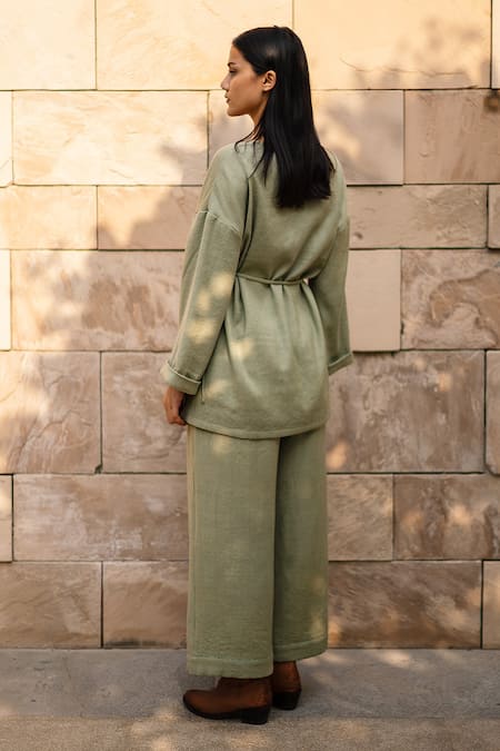 Shop RAAS LIFE Green Wool V-neck Pansy Solid Wrap Top And Pant Set at Aza Fashions Shop_RAAS LIFE_Green Wool V-neck Pansy Solid Wrap Top And Pant Set _at_Aza_Fashions