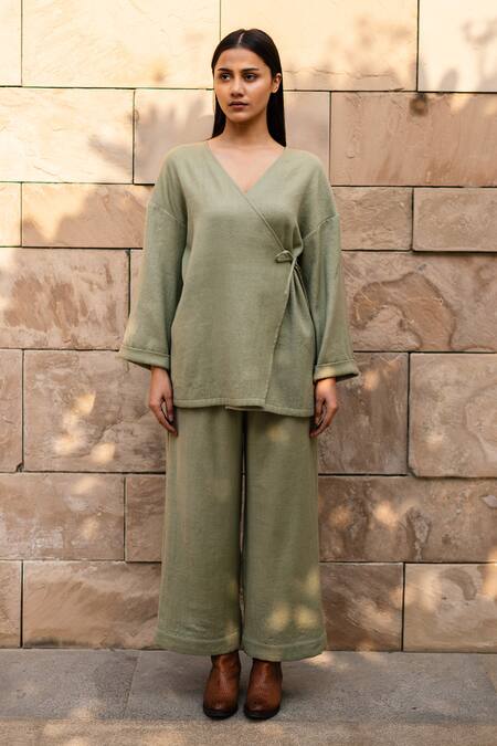 RAAS LIFE Green Wool V-neck Pansy Solid Wrap Top And Pant Set Online at Aza Fashions RAAS LIFE_Green Wool V-neck Pansy Solid Wrap Top And Pant Set _Online_at_Aza_Fashions