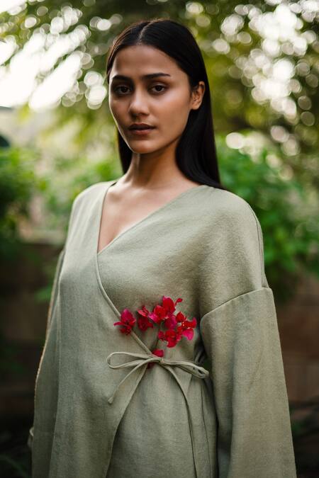 Buy RAAS LIFE Green Wool V-neck Pansy Solid Wrap Top And Pant Set Online at Aza Fashions Buy_RAAS LIFE_Green Wool V-neck Pansy Solid Wrap Top And Pant Set _Online_at_Aza_Fashions