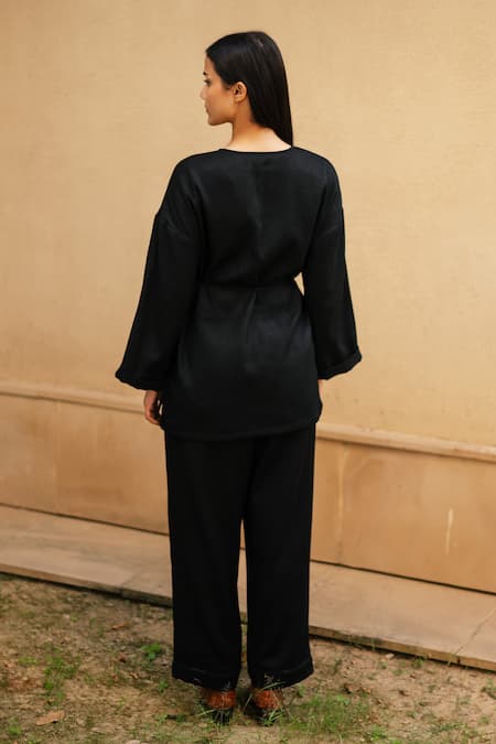 RAAS LIFE Black Merino Wool Wrap Top & Pant Set 