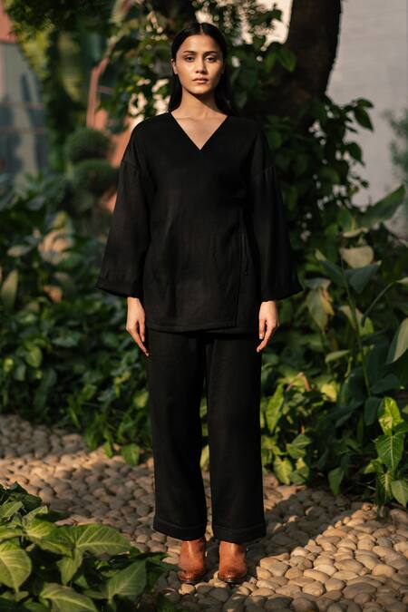 RAAS LIFE_Black Wool V-neck Merino Wrap Top And Pant Set _Online_at_Aza_Fashions