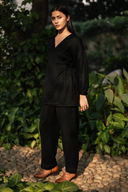 Buy_RAAS LIFE_Black Wool V-neck Merino Wrap Top And Pant Set _Online_at_Aza_Fashions