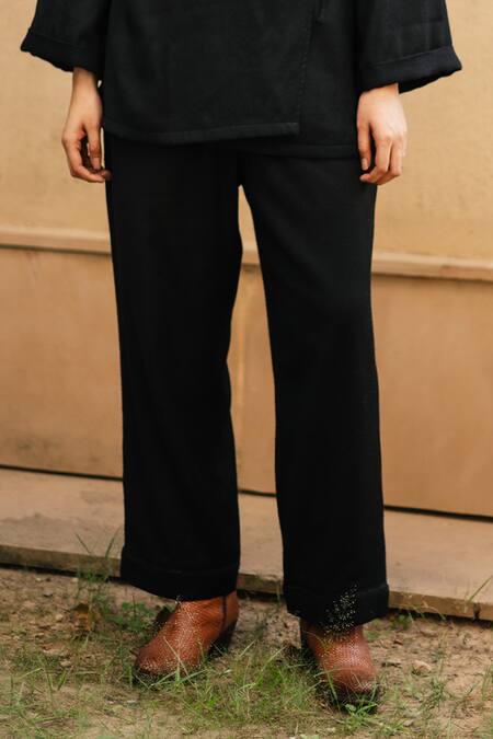 RAAS LIFE_Black Wool V-neck Merino Wrap Top And Pant Set _at_Aza_Fashions