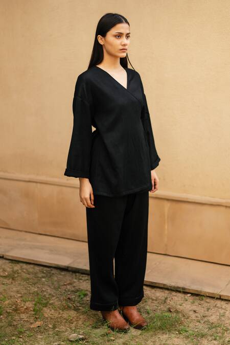 Buy_RAAS LIFE_Black Wool V-neck Merino Wrap Top And Pant Set 