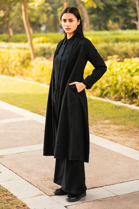 RAAS LIFE_Black Wool Open Neck Merino A-line Jacket _Online_at_Aza_Fashions