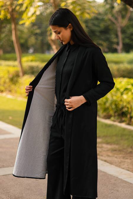 Buy_RAAS LIFE_Black Wool Open Neck Merino A-line Jacket _Online_at_Aza_Fashions