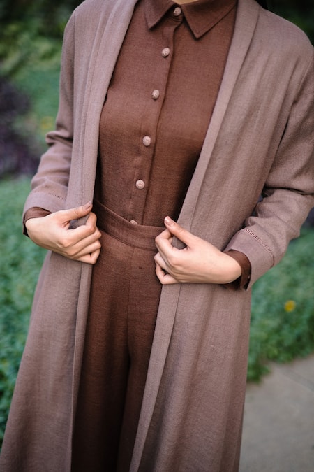 Raas Life_Brown Merino Wool Solid Open Walnut A-line Jacket _Online_at_Aza_Fashions