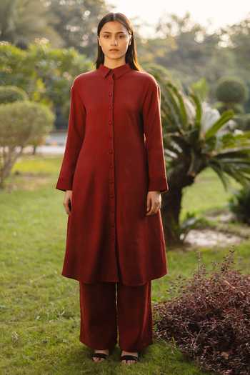 RAAS LIFE_Maroon Wool Collared Merino Tunic And Pant Set _Online_at_Aza_Fashions