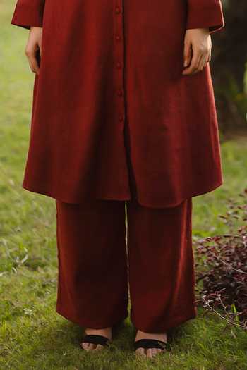 Buy_RAAS LIFE_Maroon Wool Collared Merino Tunic And Pant Set _Online_at_Aza_Fashions