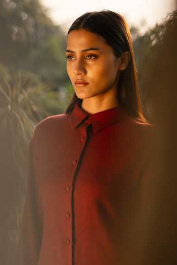 RAAS LIFE_Maroon Wool Collared Merino Tunic And Pant Set _at_Aza_Fashions