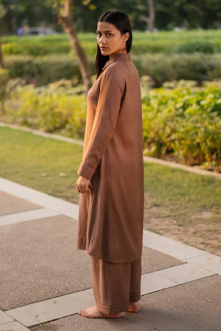 Shop RAAS LIFE Brown Wool Collared Woven Merino Long Tunic at Aza Fashions Shop_RAAS LIFE_Brown Wool Collared Woven Merino Long Tunic _at_Aza_Fashions