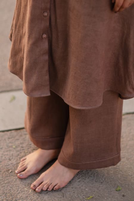 Shop_RAAS LIFE_Brown Wool Collared Woven Long Kurta And Pant Set _Online_at_Aza_Fashions