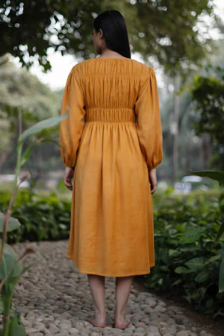 RAAS LIFE Mustard Yellow Smocked Midi Dress 