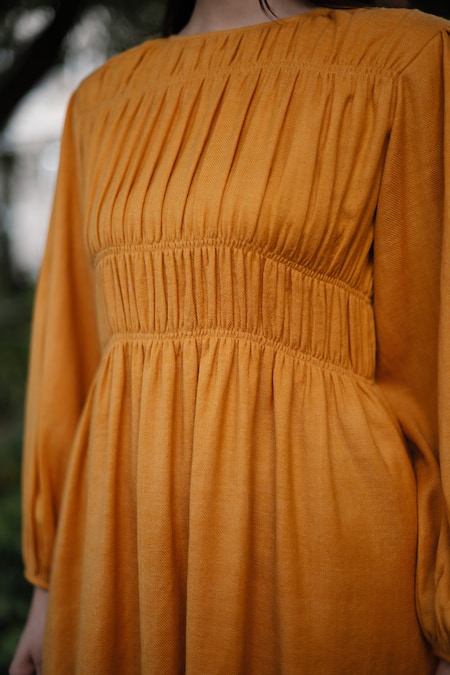 Buy_RAAS LIFE_Yellow Wool Round Neck Mustard Smocked Midi Dress _Online_at_Aza_Fashions