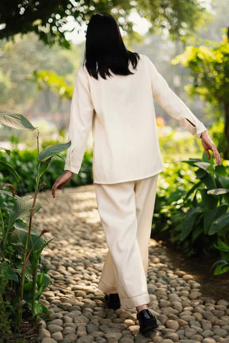 Shop RAAS LIFE Cream Wool Embroidery Collared Solid Shirt And Trouser Set at Aza Fashions Shop_RAAS LIFE_Cream Wool Embroidery Collared Solid Shirt And Trouser Set _at_Aza_Fashions