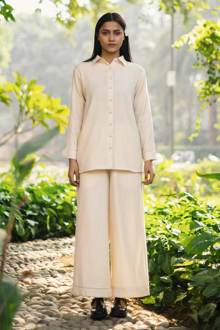 RAAS LIFE Cream Wool Embroidery Collared Solid Shirt And Trouser Set Online at Aza Fashions RAAS LIFE_Cream Wool Embroidery Collared Solid Shirt And Trouser Set _Online_at_Aza_Fashions