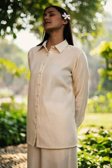 Shop RAAS LIFE Cream Wool Embroidery Collared Solid Shirt And Trouser Set Online at Aza Fashions Shop_RAAS LIFE_Cream Wool Embroidery Collared Solid Shirt And Trouser Set _Online_at_Aza_Fashions