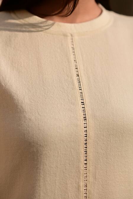 RAAS LIFE_Cream Wool Round Neck Solid Midi Dress _Online_at_Aza_Fashions