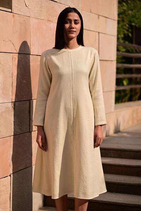 Buy_RAAS LIFE_Cream Wool Round Neck Solid Midi Dress _Online_at_Aza_Fashions