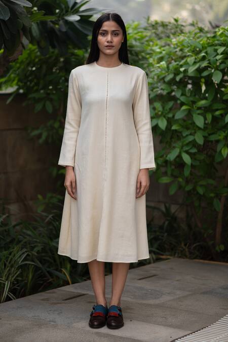 Shop_RAAS LIFE_Cream Wool Round Neck Solid Midi Dress _Online_at_Aza_Fashions